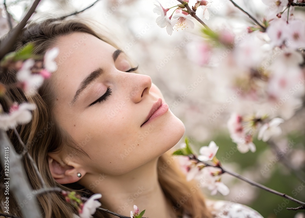 A photo featuring a young Caucasian woman with a gentle and serene expression, her eyes closed. The background is dominated by delicate cherry blossom flowers A photo featuring a young Caucasian woman with a gentle and serene expression, her eyes closed. The background is dominated by delicate cherry blossom flowers