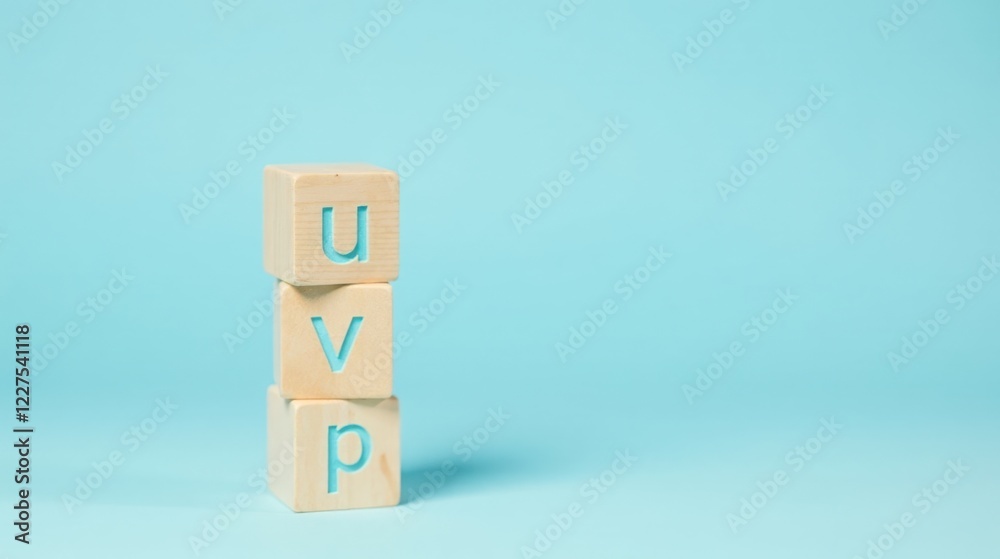 Stack of Light Wooden Blocks with Pastel Blue Letters UVP on a Light Blue Background Stack of Light Wooden Blocks with Pastel Blue Letters UVP on a Light Blue Background