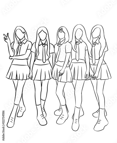Line art vector illustration of five members of a kpop idol girl group. K-pop female fashion idols with school concept