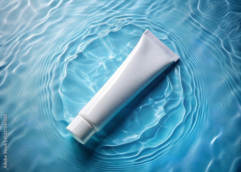 A mockup of a white cream tube floats in blue water. A mockup of a white cream tube floats in blue water.