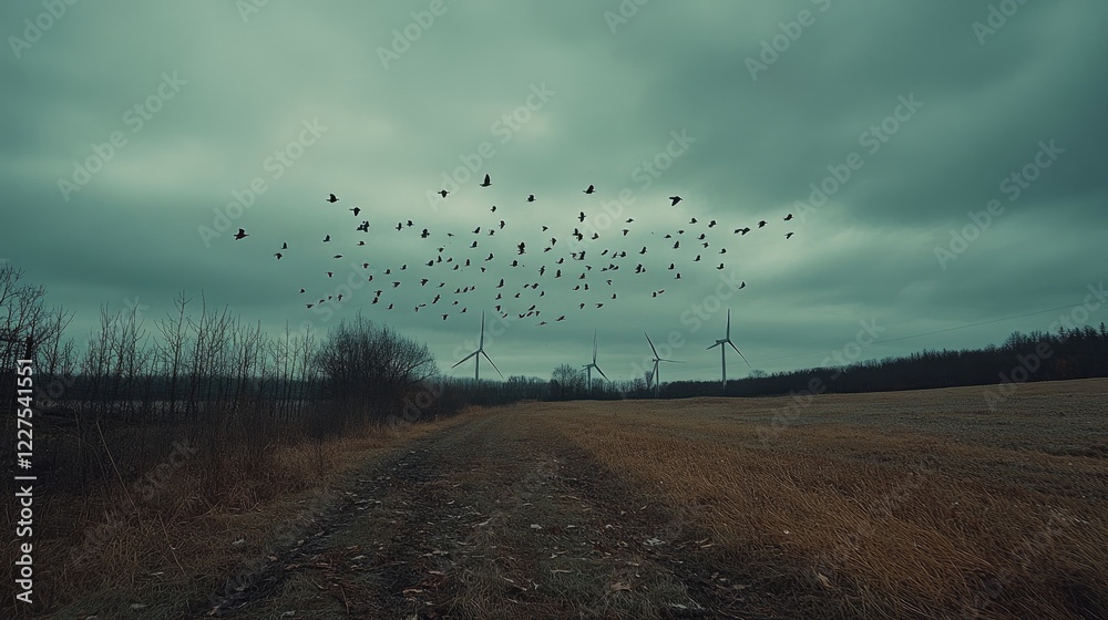 Birds gracefully flying over a wind turbine field, with overcast skies in the background, emphasizing the connection between wildlife and sustainable energy Birds gracefully flying over a wind turbine field, with overcast skies in the background, emphasizing the connection between wildlife and sustainable energy