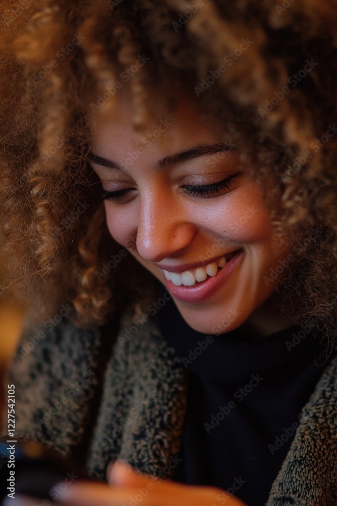Woman with curly hair using smartphone while smiling during leisure time in a cozy café, engaging with social media and texting friends or family. Woman with curly hair using smartphone while smiling during leisure time in a cozy café, engaging with social media and texting friends or family.