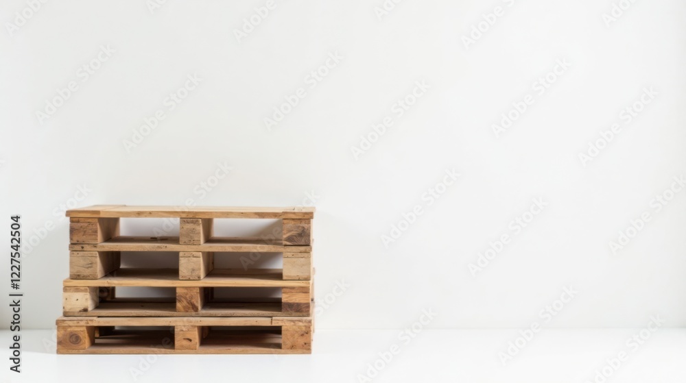 Rustic Wooden Pallet Shelves Against a Clean White Wall Background Ideal for Product Displays or Interior Design Inspiration Rustic Wooden Pallet Shelves Against a Clean White Wall Background Ideal for Product Displays or Interior Design Inspiration