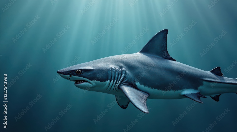 Obraz premium A Majestic Great White Shark Gracefully Navigating the Deep Ocean Depths, Illuminated by Sunbeams Piercing Through the Water Column