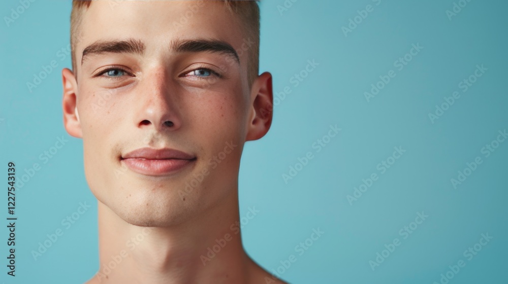 Obraz premium A young man with a shaved head and a blue shirt is smiling. He has a blue eye and a blue shirt