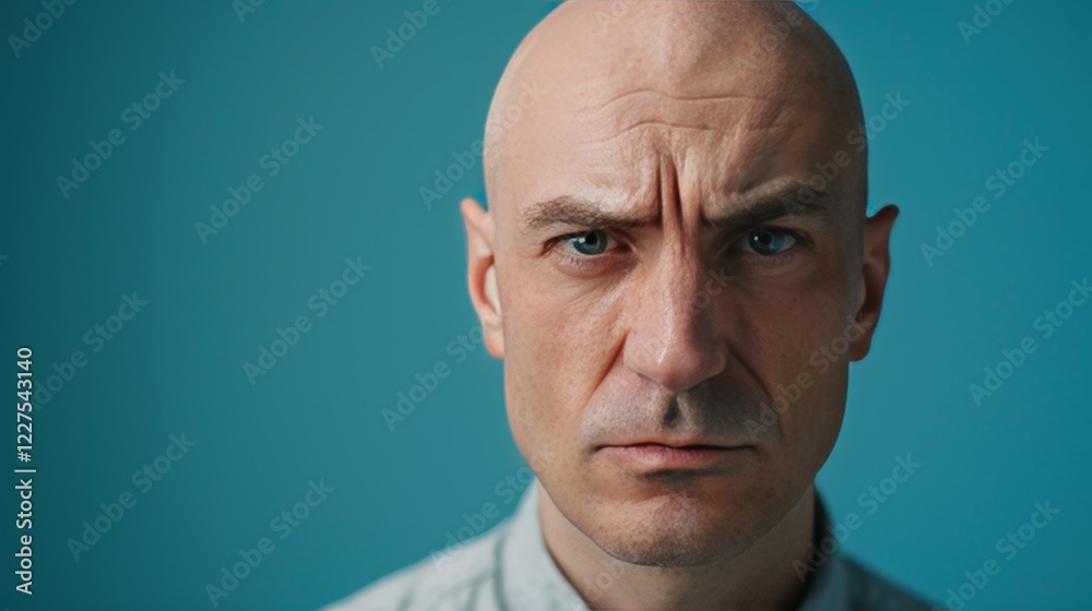 Fototapeta premium A bald man with a serious expression on his face. He is looking at the camera. Concept of determination and focus