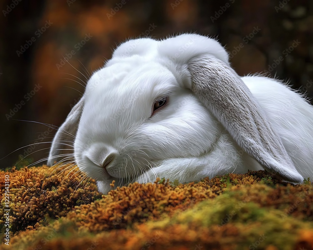 White rabbit resting on moss, autumn forest White rabbit resting on moss, autumn forest
