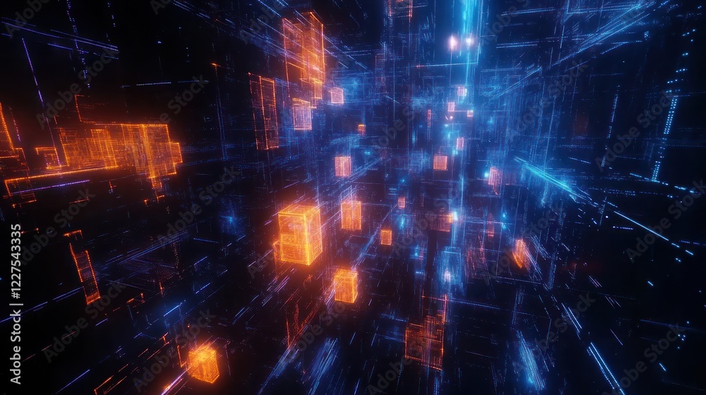 Obraz premium Digital data stream, glowing cubes, network, abstract background, tech concept