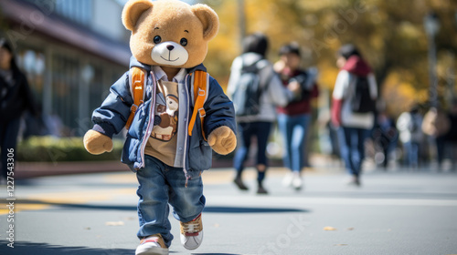 schoolboy in bear costume walking along a busy autumn street surrounded by people and colorful trees