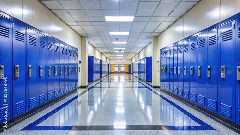 Fototapeta premium Empty school hallway with royal blue metal lockers