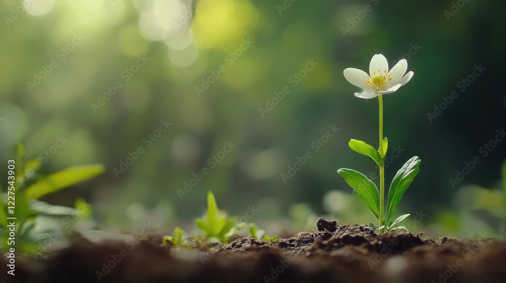 The journey of a plant from seedling to full bloom, with vibrant soil and a blurred green background, portraying nature process of growth and renewal The journey of a plant from seedling to full bloom, with vibrant soil and a blurred green background, portraying nature process of growth and renewal