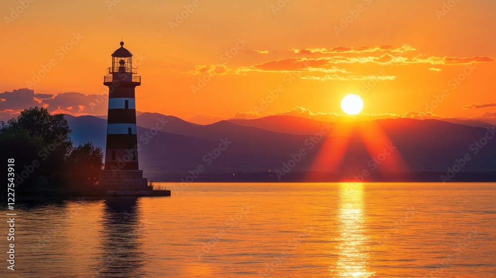 The silhouette of a lighthouse stands tall against the glowing orange sunset over Lake Neusiedl, casting a serene light across the peaceful waters The silhouette of a lighthouse stands tall against the glowing orange sunset over Lake Neusiedl, casting a serene light across the peaceful waters