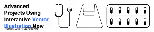 Stethoscope, plastic bag, and blister pack design portraying healthcare, sustainability, and consumer products. Ideal for health, medical care, pharmacy, education eco-conscious packaging