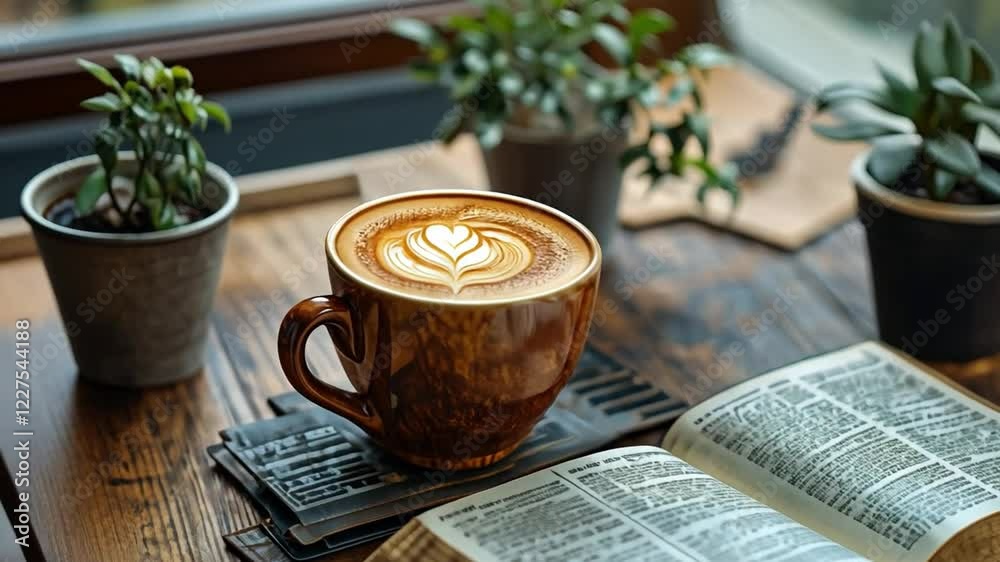 Coffee Break with a View: A warm, inviting mug of frothy cappuccino with latte art sits on a rustic wooden table, inviting you to pause and savor the moment.