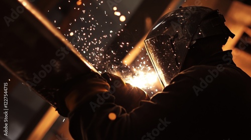 A close-up of an ironworker welding steel beams, with sparks flying and protective gear visible, looking at the camera