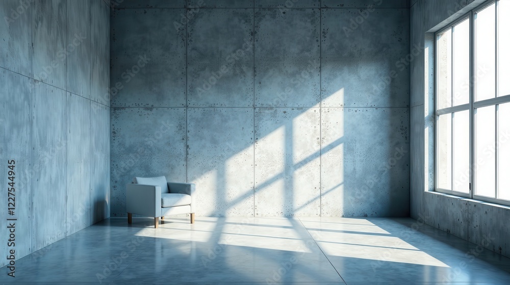Obraz premium Sunlit Modern Room with a Single Armchair Against a Textured Concrete Wall