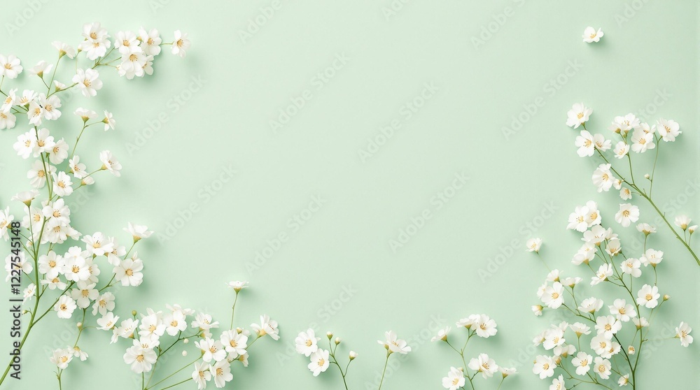 white gypsophila flowers on pastel green background flat lay top view white gypsophila flowers on pastel green background flat lay top view