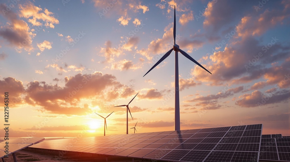 Obraz premium wind turbine solar panels sunset clean energy concept