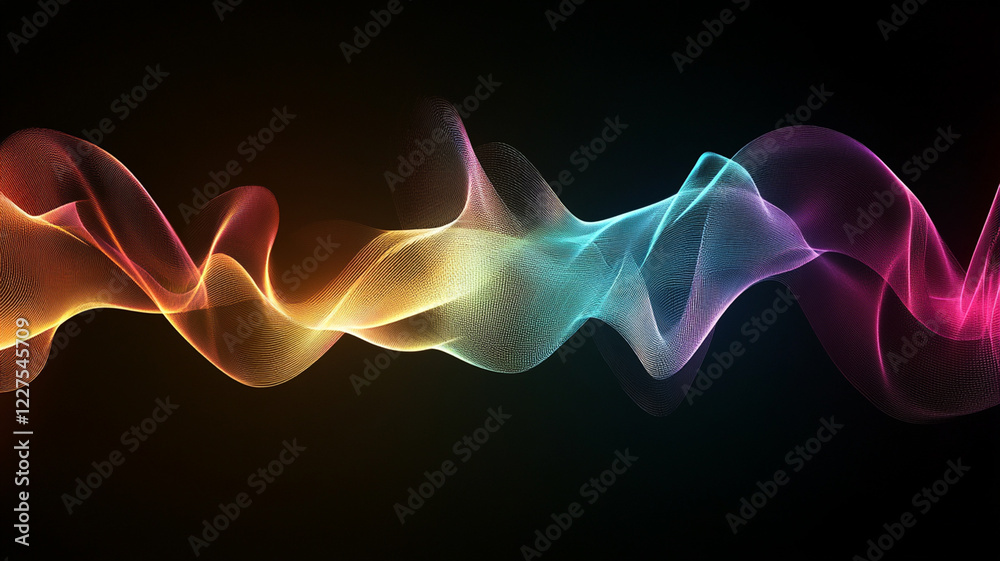 Vibrant abstract wave patterns in multicolored hues representing energy and motion against a dark backdrop Vibrant abstract wave patterns in multicolored hues representing energy and motion against a dark backdrop