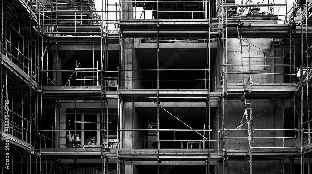 Residential construction site with a partially built house, wooden frames and scaffolding, no people Residential construction site with a partially built house, wooden frames and scaffolding, no people