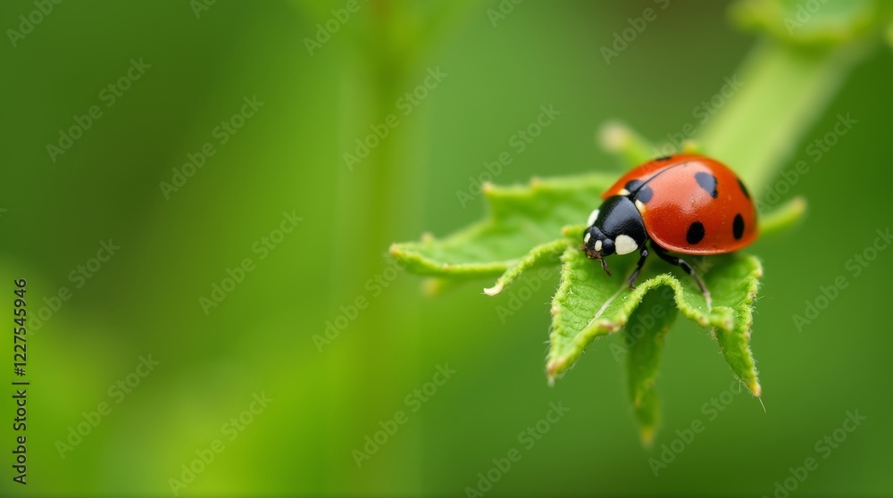 A close-up of a vibrant ladybug resting on a green leaf, showcasing its bright red shell with black spots. A close-up of a vibrant ladybug resting on a green leaf, showcasing its bright red shell with black spots.