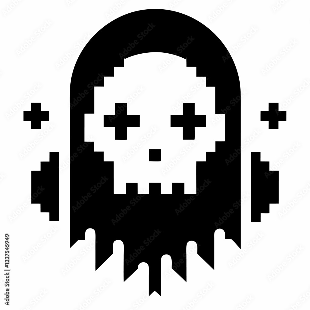 Obraz premium Pixel Art Ghostly Skull with Cross Eyes Retro Halloween Design