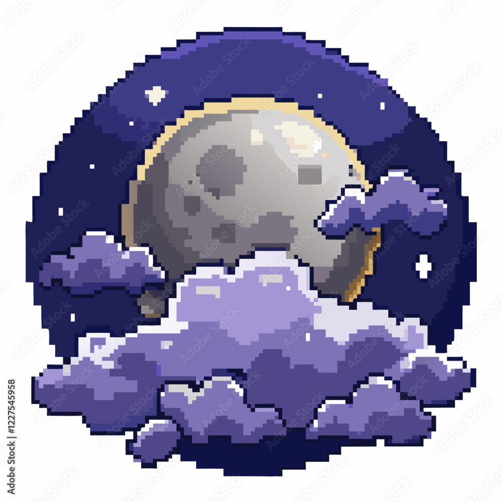 Pixel Art Moon Night Sky with Clouds and Stars in 8 Bit Style Pixel Art Moon Night Sky with Clouds and Stars in 8 Bit Style