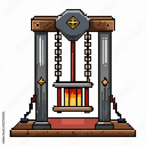 Pixel Art of a Medieval Guillotine with Fire Background   Retro Game Graphic Design Concept