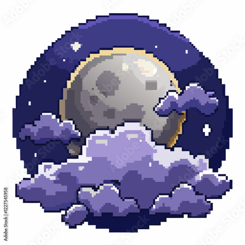 Pixel Art Moon Night Sky with Clouds and Stars in 8 Bit Style