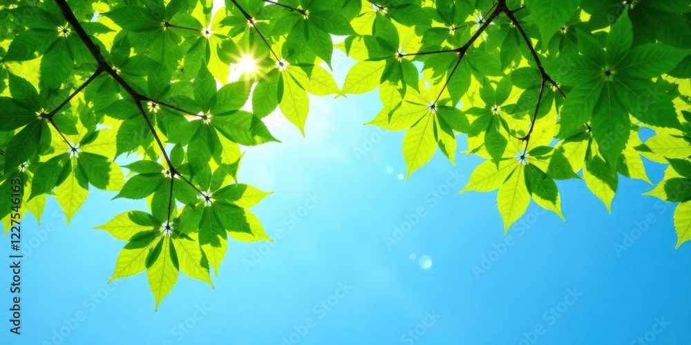 Vibrant Green Leaves Frame a Sunny Blue Sky, Nature's Serenity in Vivid Detail
