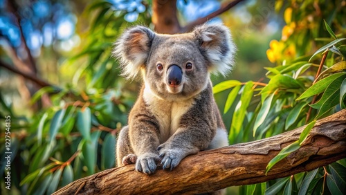 Adorable Koala Bear Relaxing on Eucalyptus Branch, Australian Outback Wildlife