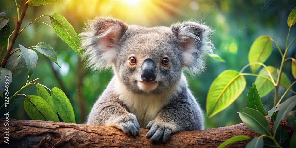 Fototapeta premium Adorable Koala Clinging to Eucalyptus Tree Branch - Wildlife Stock Photo