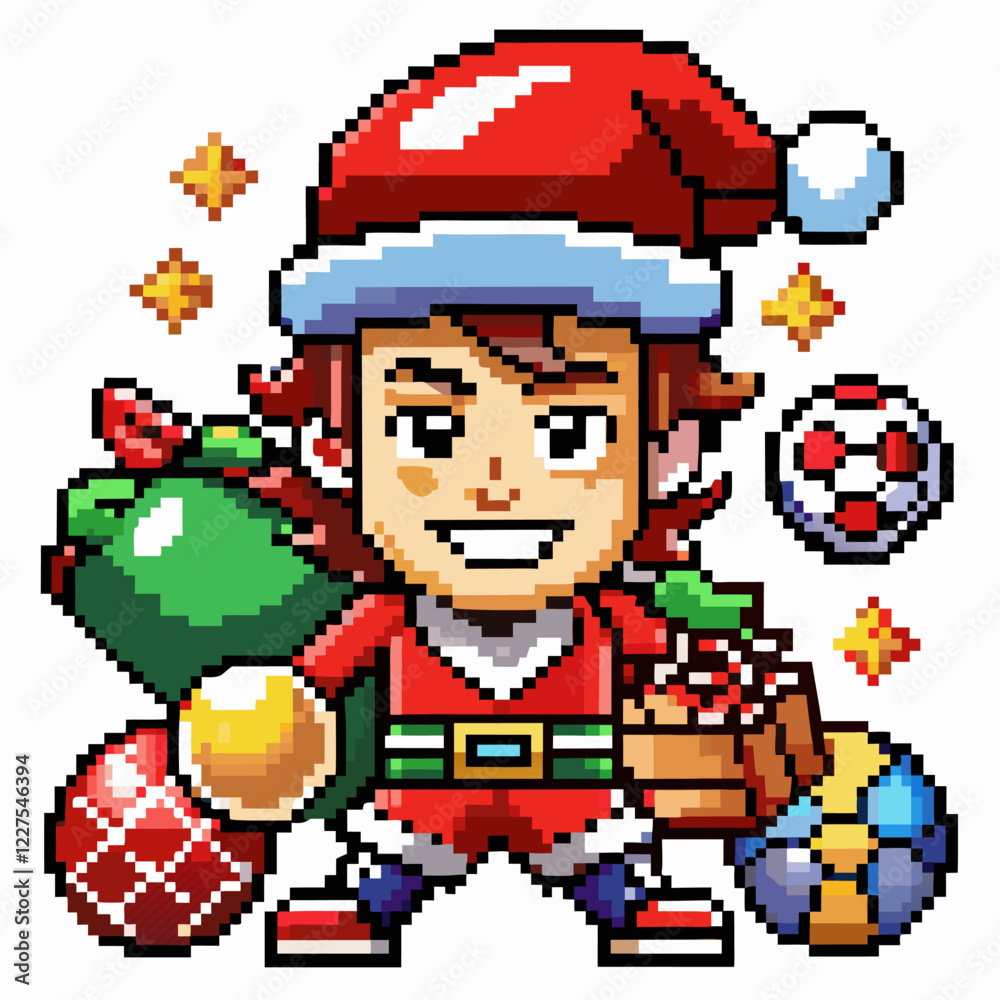 Obraz premium Pixel Art Santa Character with Gifts and Festive Elements in Retro Gaming Style