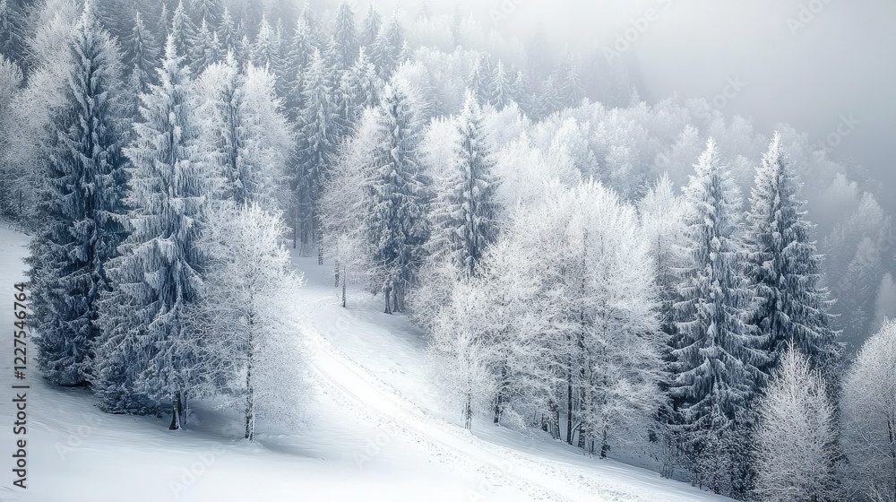 Fototapeta premium Snow-covered landscape featuring evergreen trees and a winding path through a winter wonderland. Perfect for winter travel, nature, and outdoor photography themes.