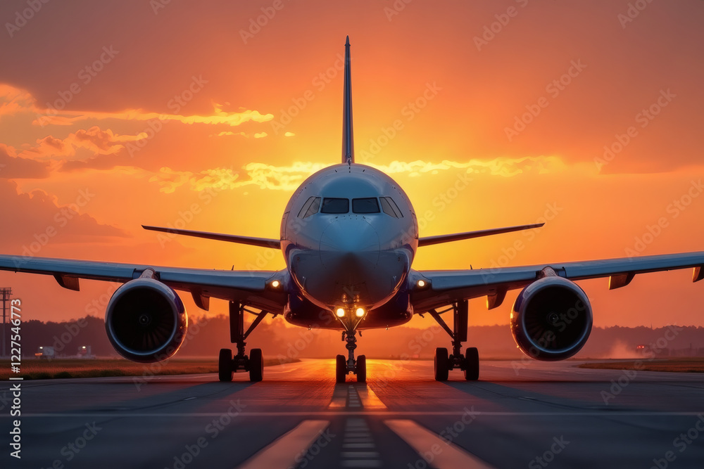 Private jet on runway during golden sunset Private jet on runway during golden sunset