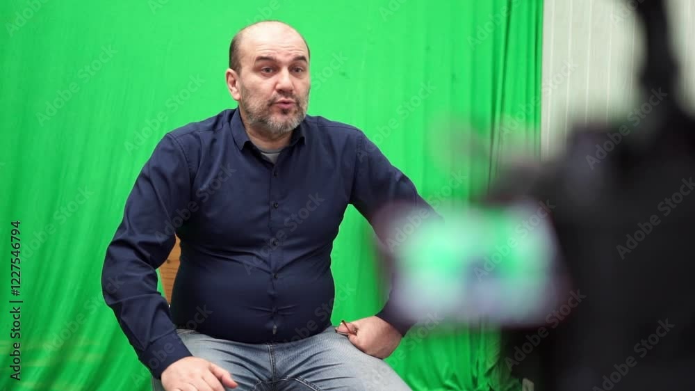 A middle-aged, balding man with a beard sits in front of a green screen, commonly used for video production and special effects A middle-aged, balding man with a beard sits in front of a green screen, commonly used for video production and special effects