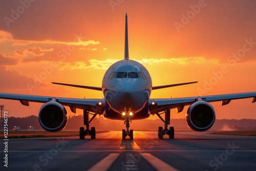 Private jet on runway during golden sunset