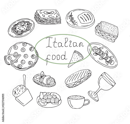 Italian food set vector illustration, hand drawn doodles