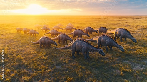 Tsintaosaurus spinorhinus the Hadrosauridae family grazing on a sunlit prehistoric prairie during the Late Cretaceous period with their crests glowing softly in the morning light photo