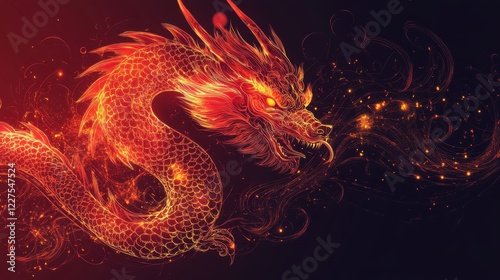 Fiery Dragon with Fiery Breath Against Dark Background for Fantasy and Mythology Themes