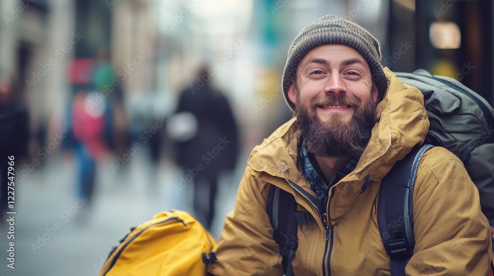 Smiling traveler with backpack in urban setting enjoying city exploration, capturing memories during adventure, enthusiastic about his journey and experiences. Smiling traveler with backpack in urban setting enjoying city exploration, capturing memories during adventure, enthusiastic about his journey and experiences.