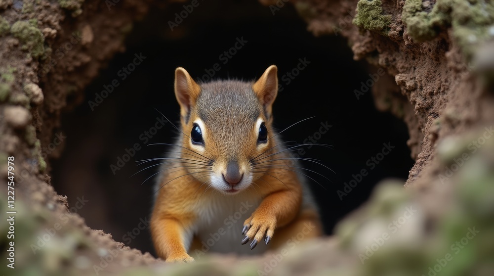 A realistic photograph of a squirrel nestled in its burrow, with its body partially hidden and only its head visible. 