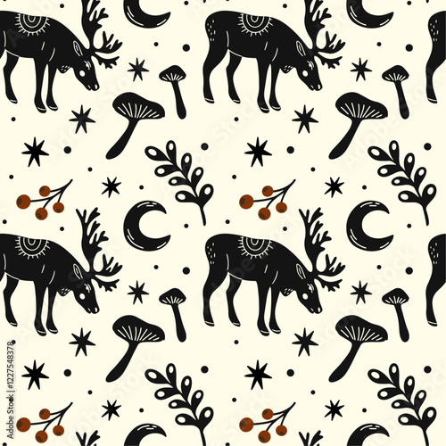 Abstract folk art seamless pattern with vector illustration of various woodland leaf branches, elk, sun, moon with ornaments in retro cartoon ethnic scandinavian boho style, aesthetic. 