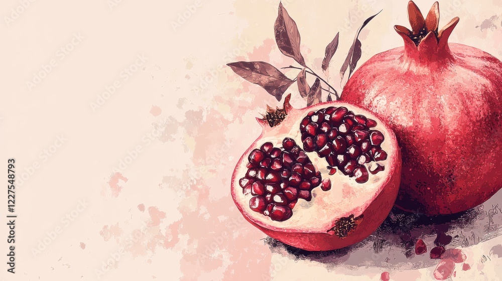 Vibrant Pomegranate Fruit with Juicy Seeds Surrounded by Leaves on Soft Textured Background Vibrant Pomegranate Fruit with Juicy Seeds Surrounded by Leaves on Soft Textured Background