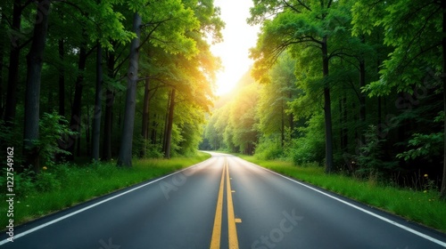 Asphalt Pathway Through Lush Greenery, Bathed in Golden Sunlight, Leading Towards a Serene Destination