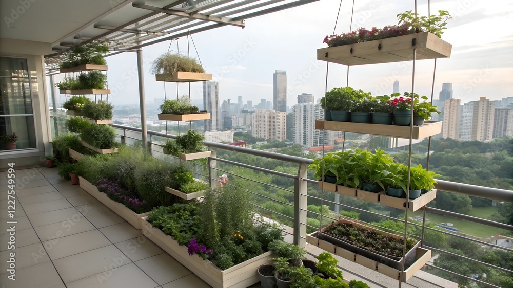 Modern balcony garden with hanging planters Modern balcony garden with hanging planters