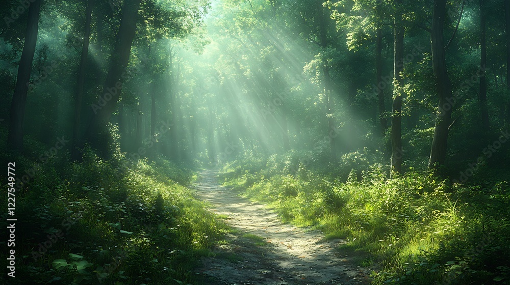 Obraz premium Path of Light Through the Forest: A magical forest path bathed in golden sunlight, illuminating a trail through verdant greenery and mystical atmosphere. The beams pierce through the canopy.