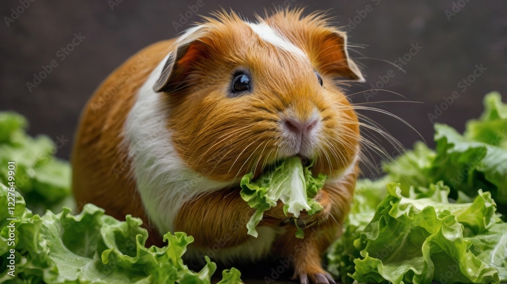 A close-up image of a guinea pig happily munching on a fresh piece of lettuce, showcasing its adorable features and fluffy fur. A close-up image of a guinea pig happily munching on a fresh piece of lettuce, showcasing its adorable features and fluffy fur.