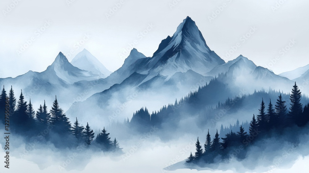 Serene Misty Mountains with Lush Green Pine Trees in a Calm Landscape Scene Serene Misty Mountains with Lush Green Pine Trees in a Calm Landscape Scene