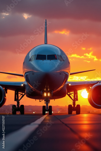 Private jet on runway during golden sunset
